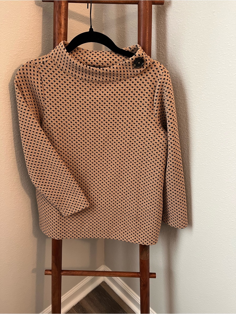 Ann Taylor Beige and Black Cowl Neck Button-Shoulder Sweater